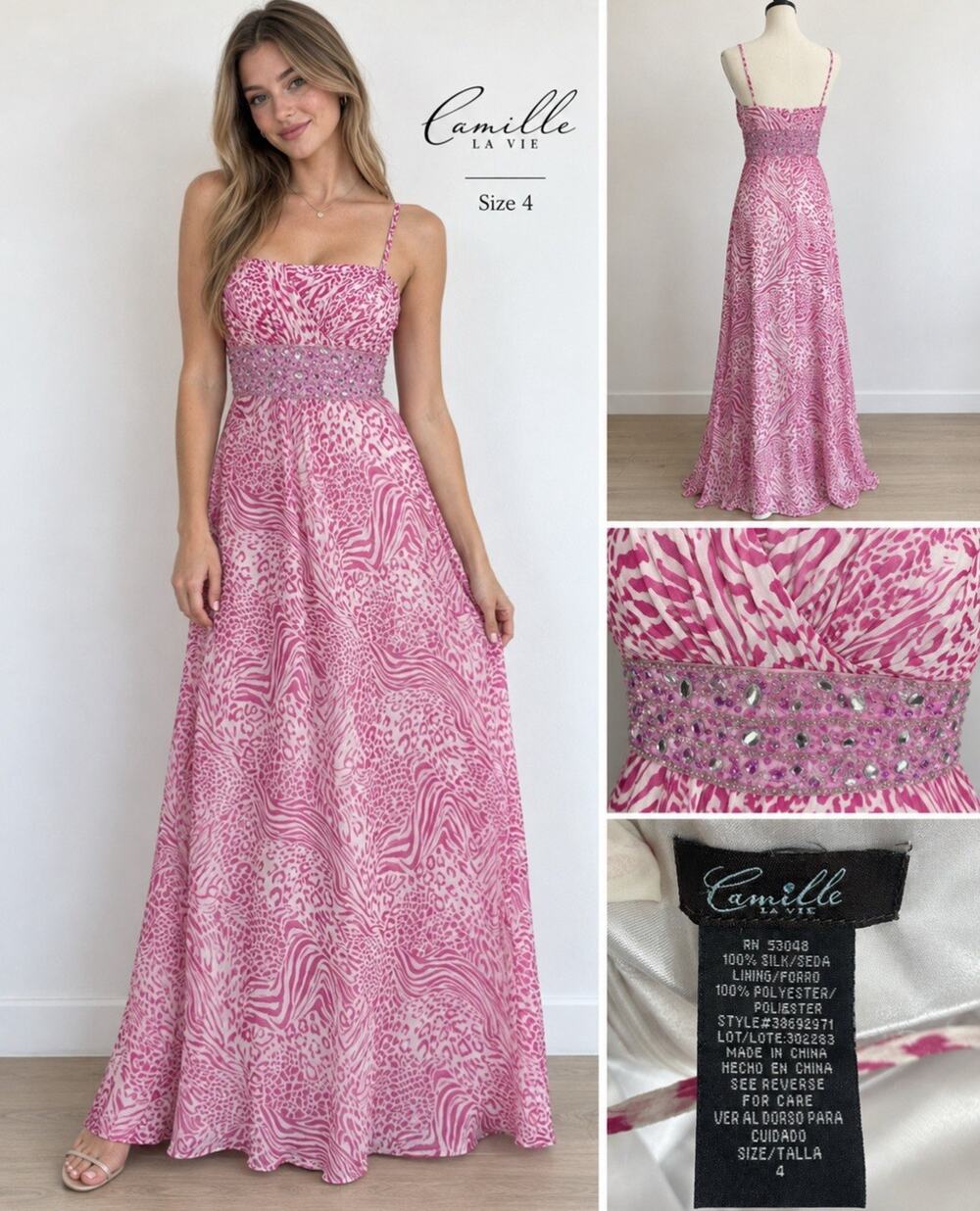 Y2K 2000s Boho Camille La Vie Silk Maxi Dress Sz 4 Pink Animal Print Prom Formal